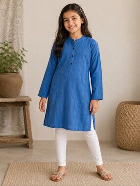 Fabindia Long Sleeve Blue Striped 100% Cotton Kurta Child's 8-10 Years India EUC